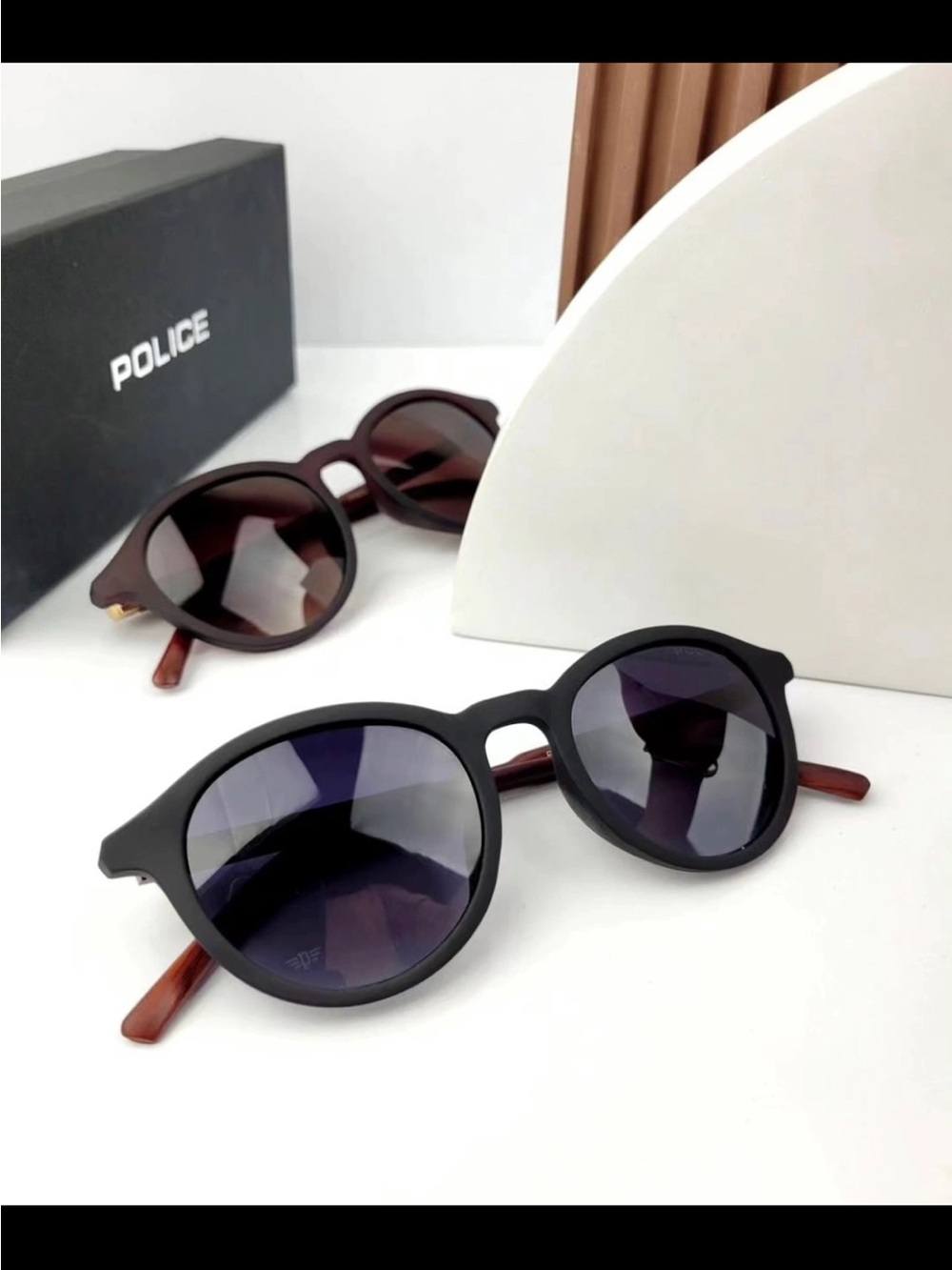 Police Black Frame Sunglasses with Brown Temples